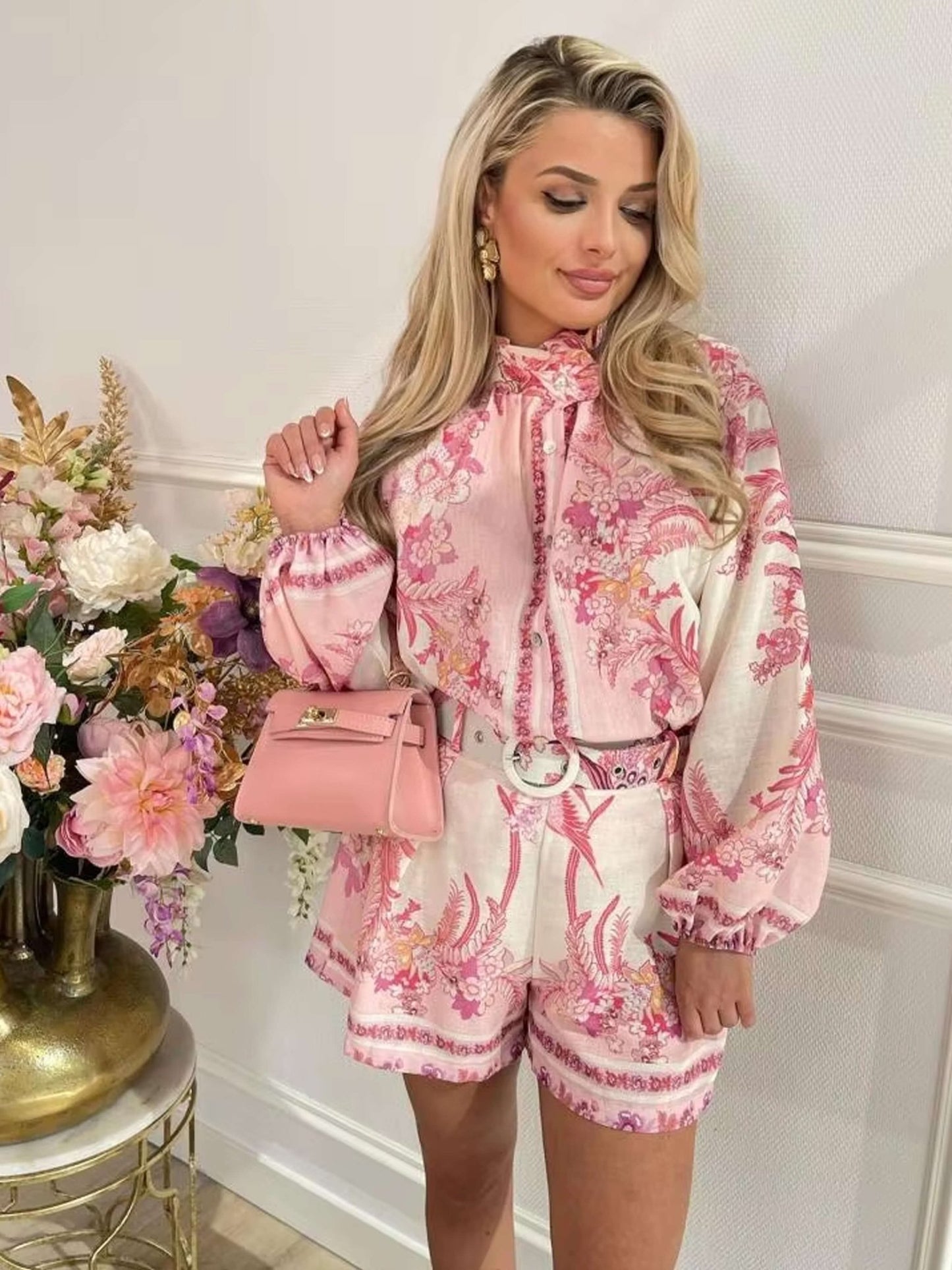 SEAME - Ariane Floral Shorts Two - Piece Set Pink L