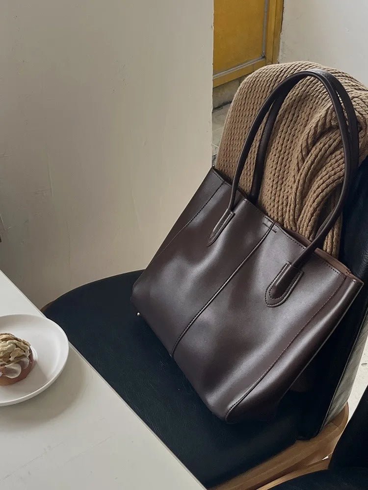 SEAME - Camille Leather Tote Bag - High - Capacity Fashion Handbag for Women Black