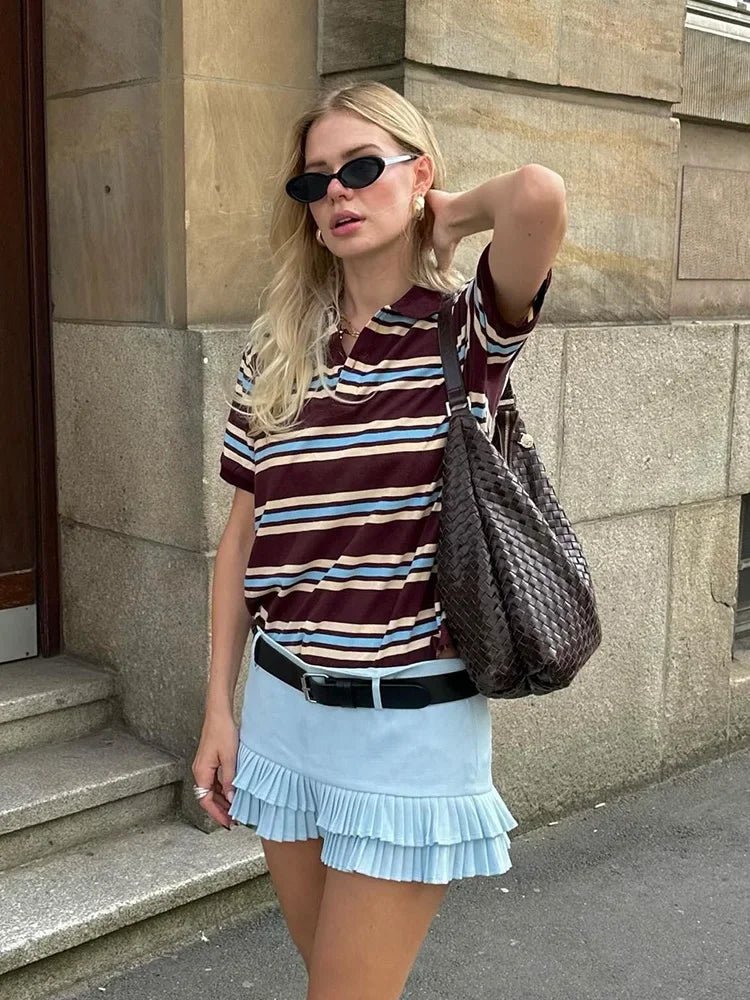 SEAME - Chelsea Women's Polo Shirt - Striped Casual Top with Button Detail Burgundy Stripe Short Sleeve M