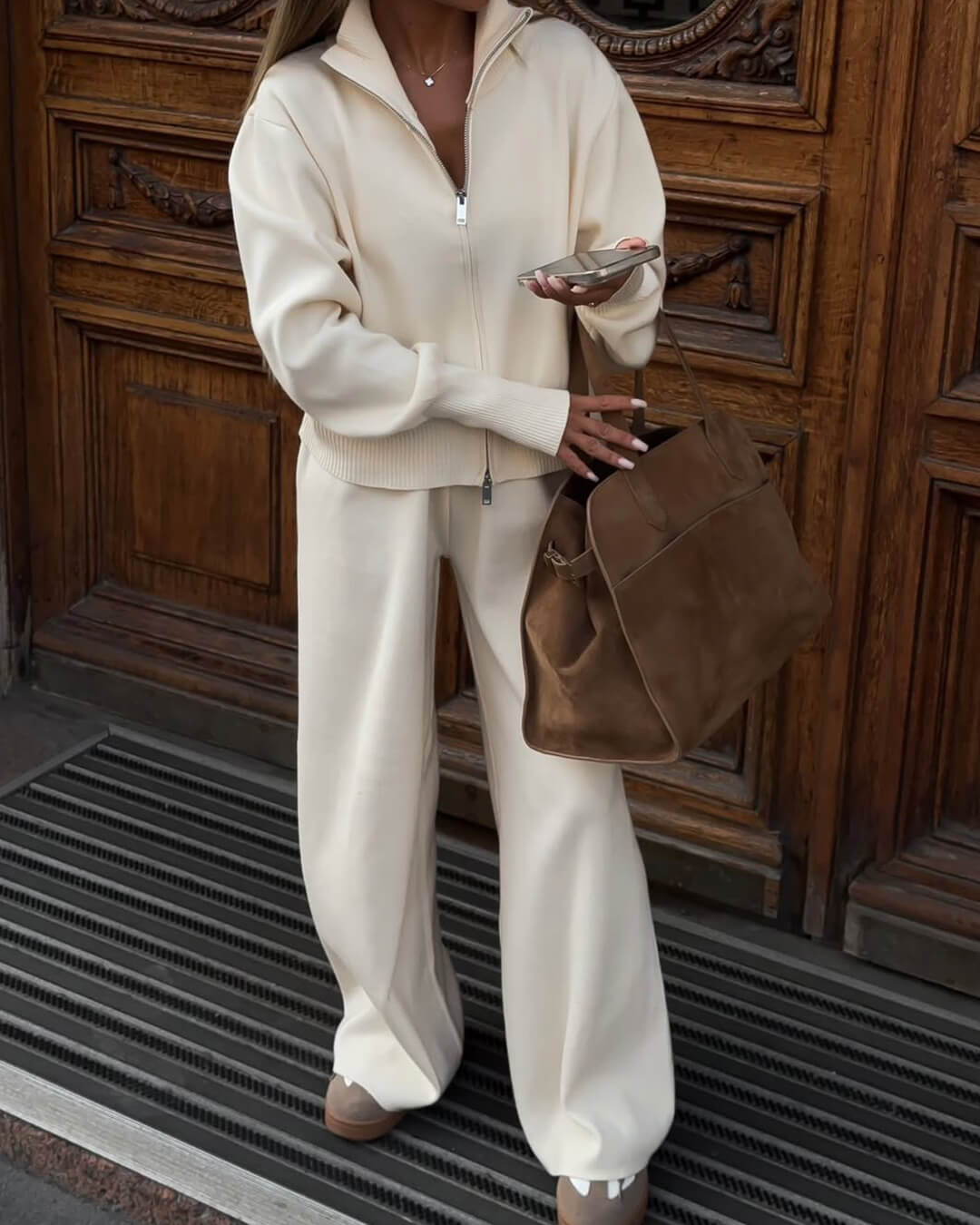 SEAME - Clarisse Set - Cozy Knitted Jacket and Wide Leg Trousers White XS