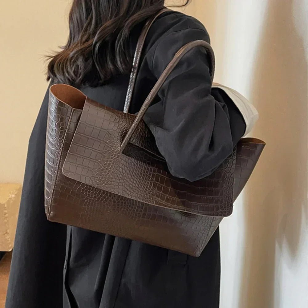 SEAME - Claudia Handbag - Stylish Crocodile Pattern Large Capacity Tote for Women Dark Brown