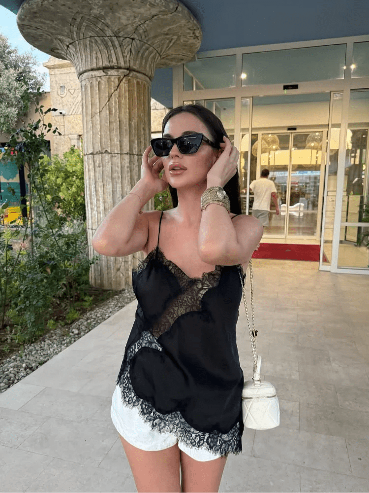 SEAME - Josephine Elegant Lace Top for Women - Strappy Backless Summer Camisole Blue XS
