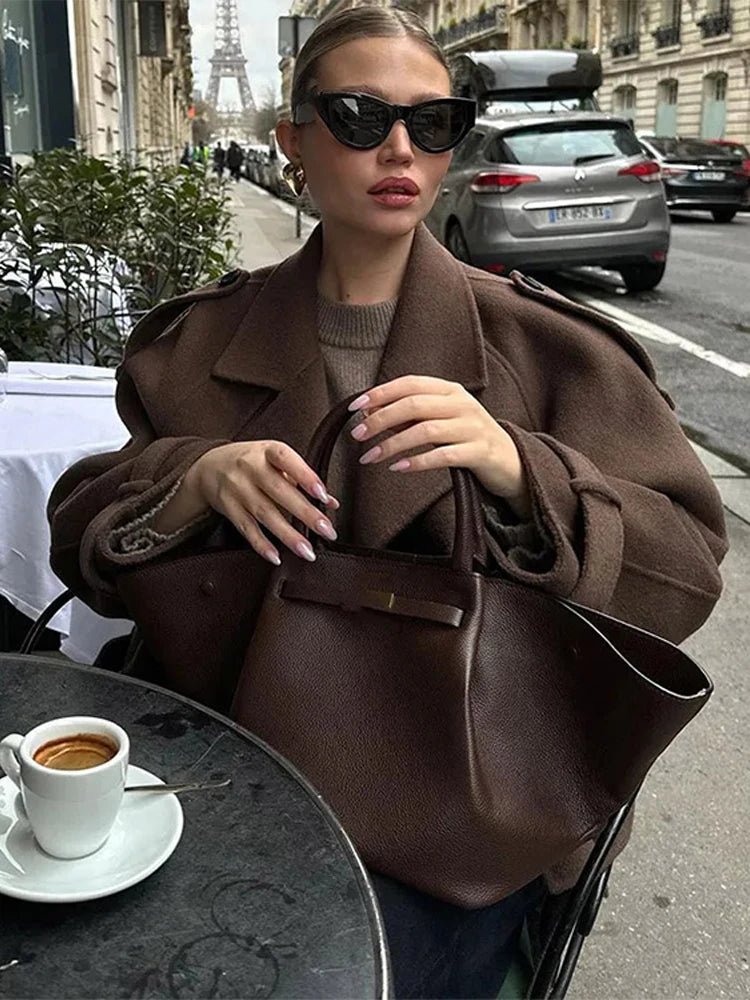 SEAME - Katrina Women's Vintage Double Breasted Short Trench Coat with Lace - Up Design Dark Brown M