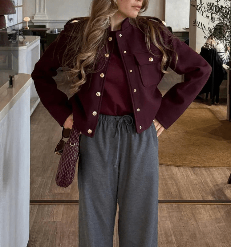 SEAME - Leah Bomber Jacket with Golden Details Burgundy S