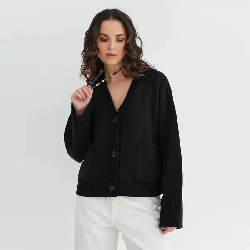 SEAME - Mina Women's Long Cardigan with Elegant V Neck and Long Sleeves Black S