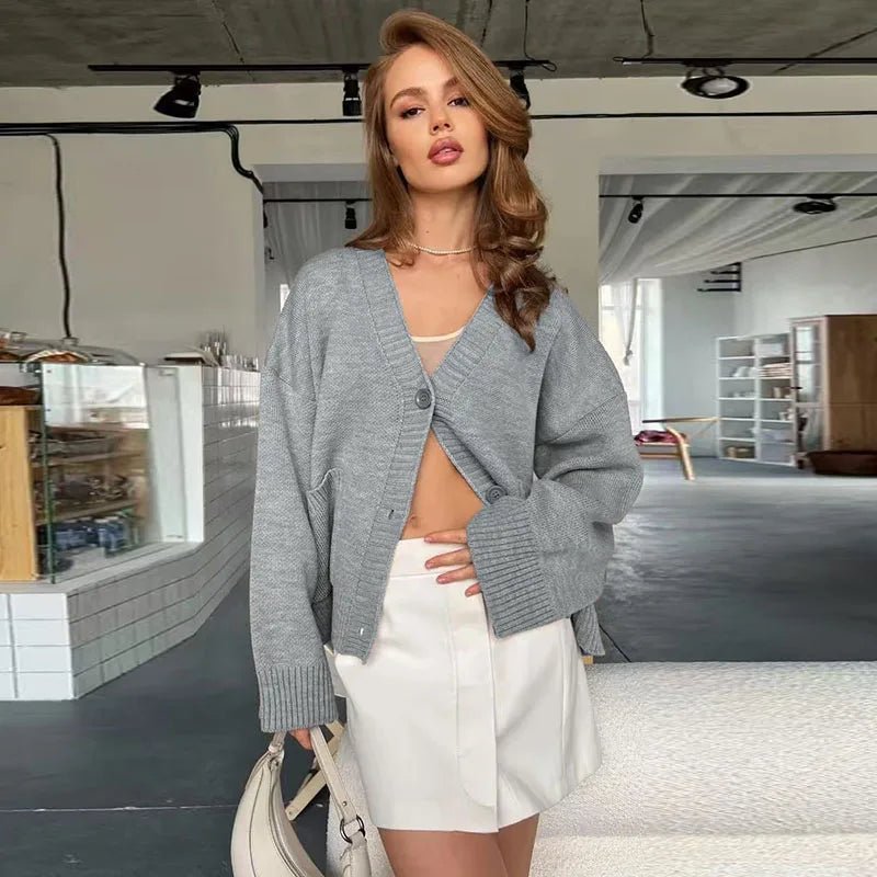 SEAME - Mina Women's Long Cardigan with Elegant V Neck and Long Sleeves Grey S