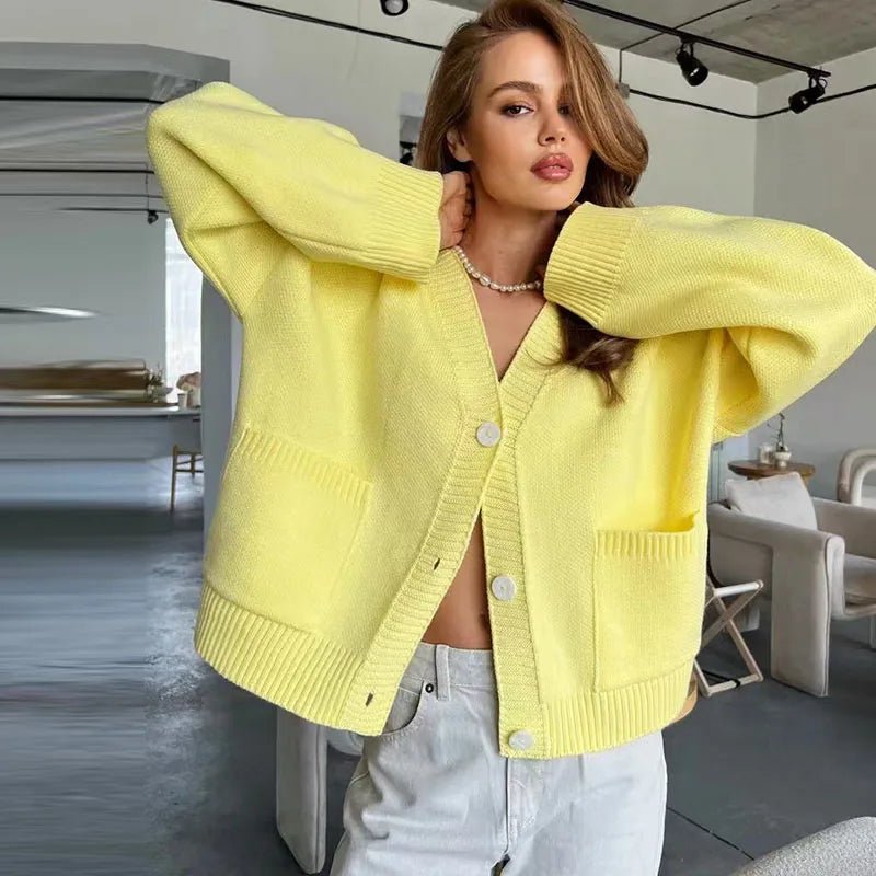 SEAME - Mina Women's Long Cardigan with Elegant V Neck and Long Sleeves Yellow S