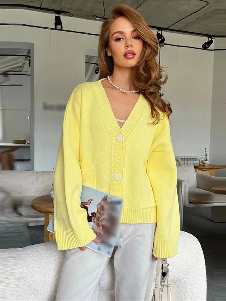 SEAME - Mina Women's Long Cardigan with Elegant V Neck and Long Sleeves Yellow S