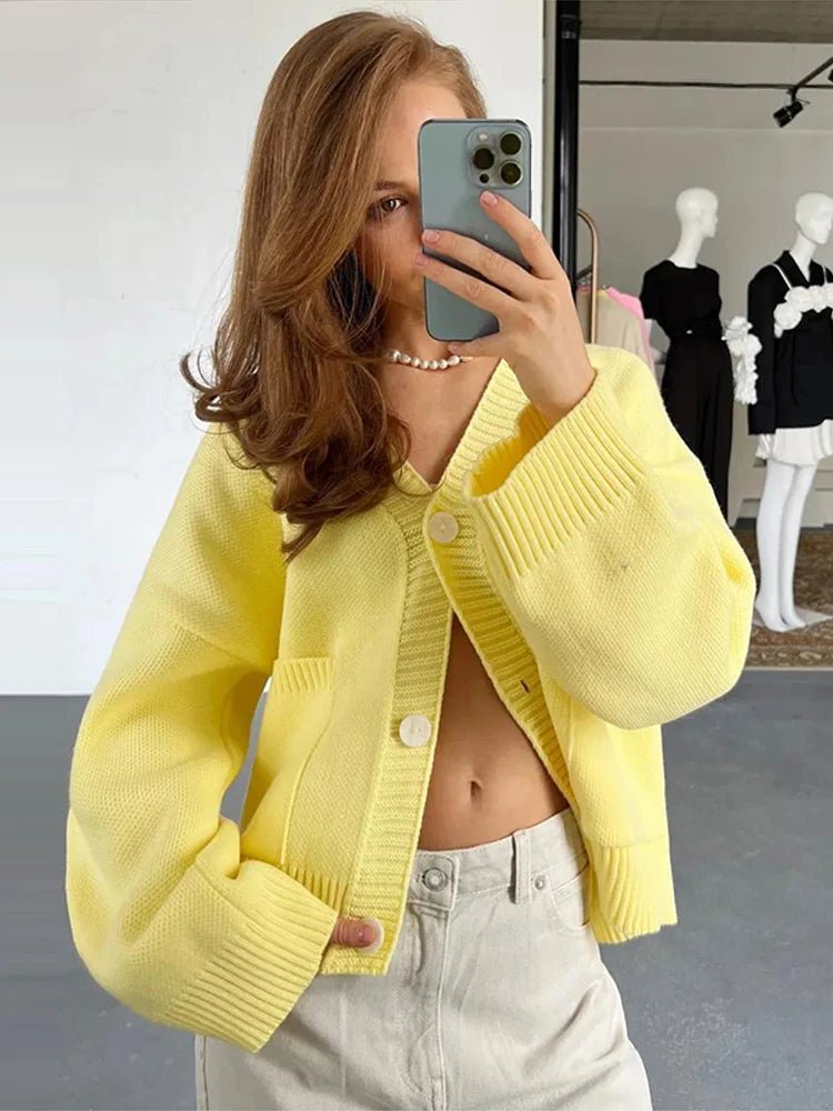 SEAME - Mina Women's Long Cardigan with Elegant V Neck and Long Sleeves Yellow S