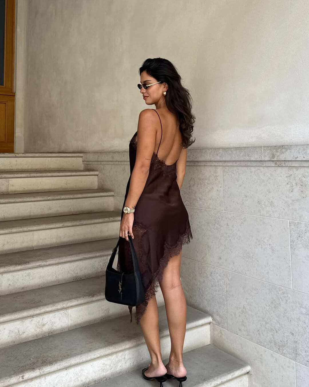 SEAME - Pia Women's Summer Asymmetric Satin Lace Cocktail Dress Brown Dress XS