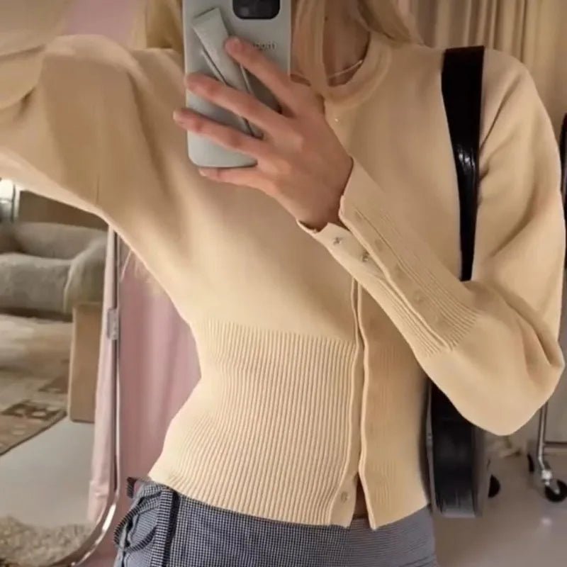 SEAME - SEAME Women's Cardigan Sweater - Casual Solid Knit with Round Neck Beige S
