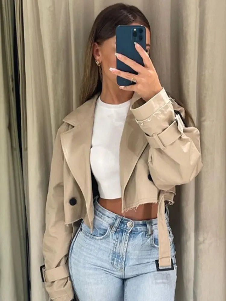 SEAME - SEAME Women's Cropped Trench Coat - Stylish Double Breasted Design for Spring Beige XS