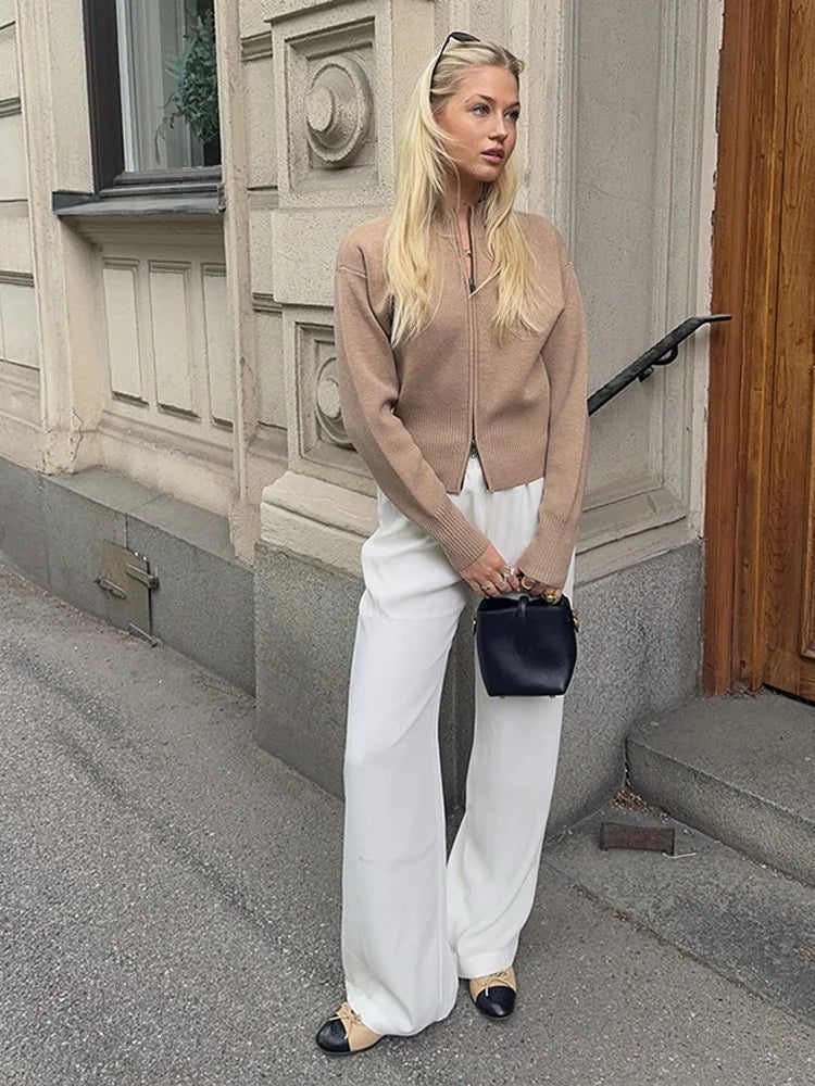 SEAME - SEAME - Women's Long Cardigan with Zipper & Casual Knitted Design White S