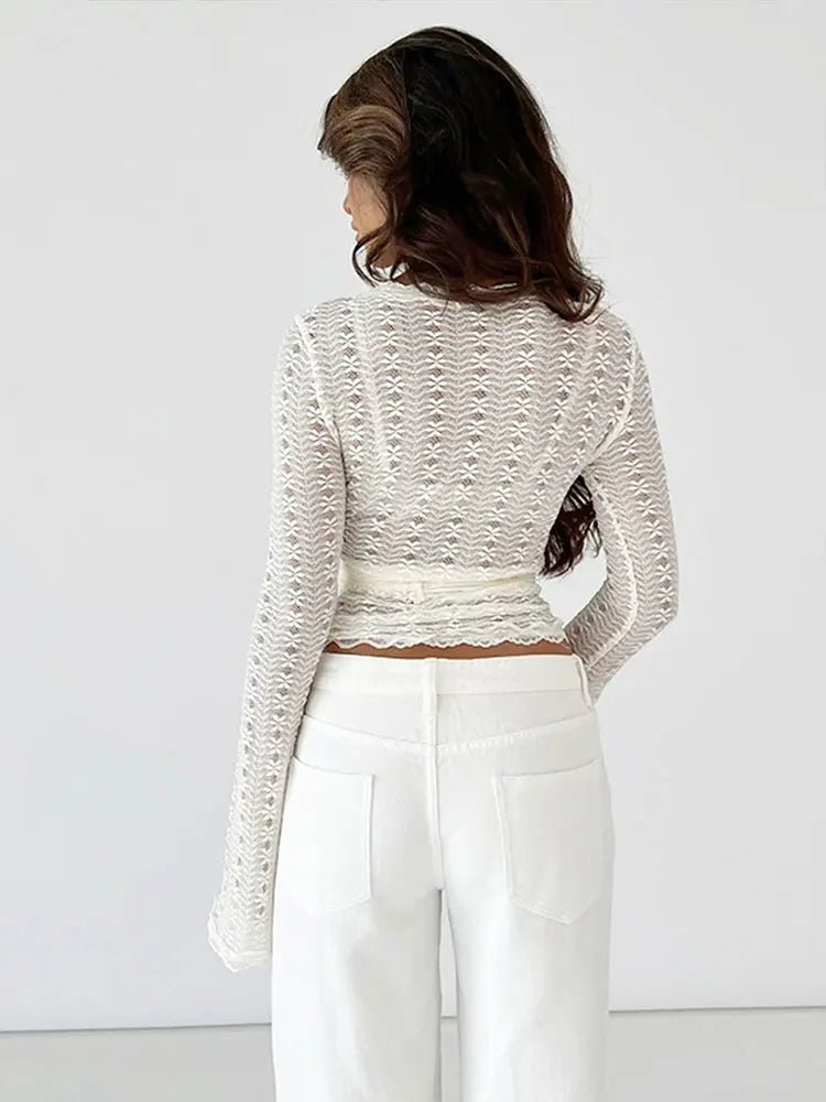 SEAME - SEAME Women's Long Sleeve Lace T-Shirt - Stylish Casual Crop Top White S