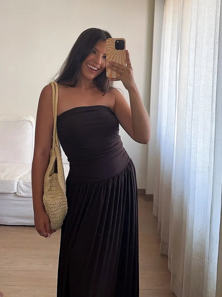 SEAME - SEAME - Women's Summer Dress, Brown Spliced Tube Top Slim Pleated Design Brown S