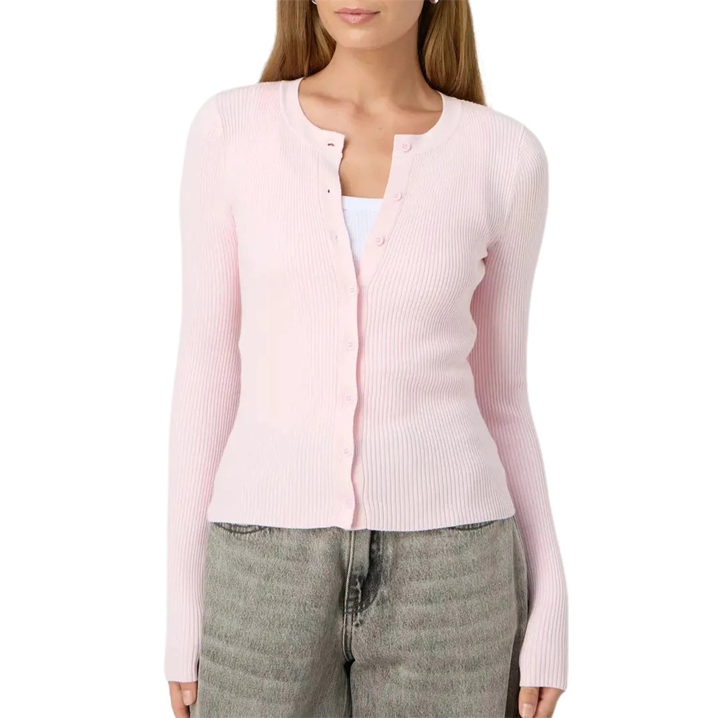 SEAME - Women's Cropped Cardigan Sweater - Long Sleeve Button - Up Design Pink S