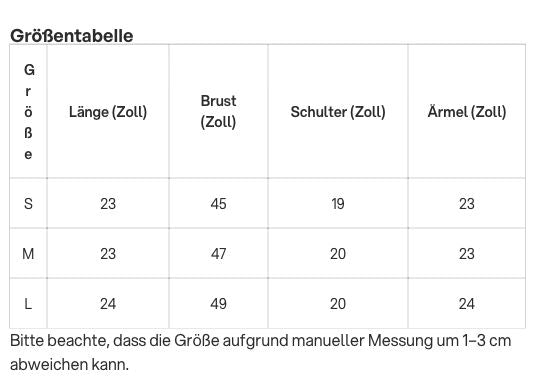 Produktspezifische Maßtabelle: Abigail-Jacke. Beachte die Einheiten in den Überschriften.