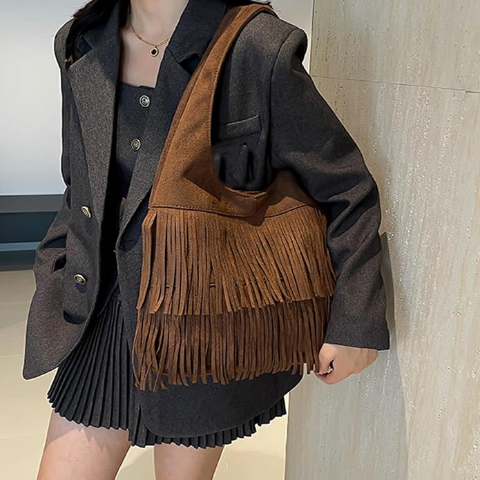 Borsa a spalla Amanda in velluto con frange