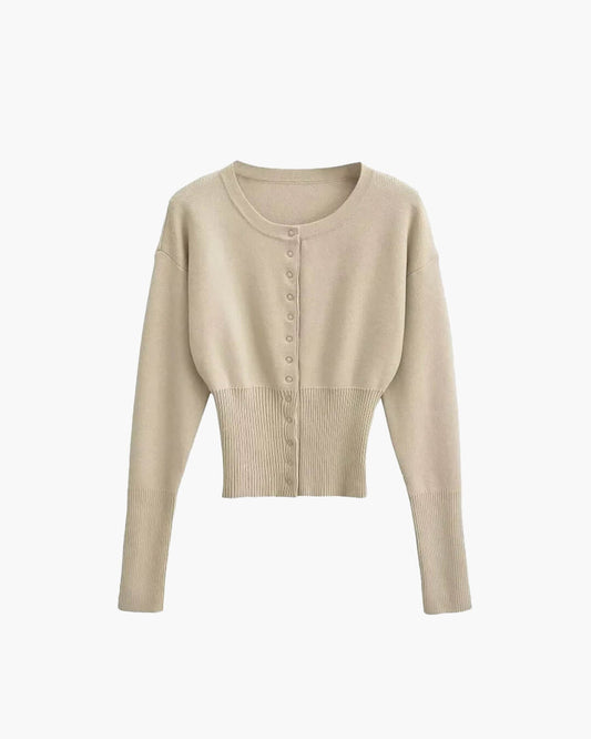 SEAME - Alice Women's Cardigan Sweater - Casual Solid Knit with Round Neck Beige S