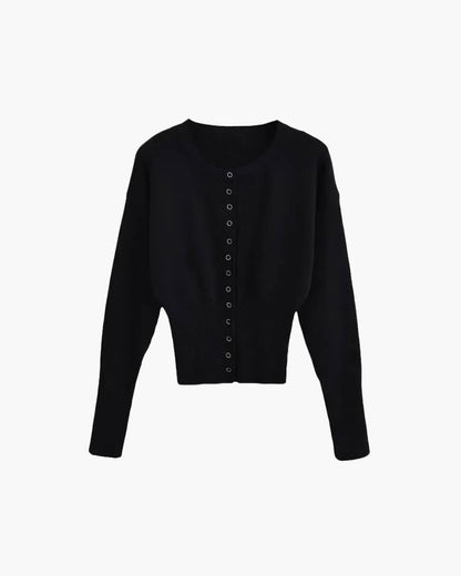 SEAME - Alice Women's Cardigan Sweater - Casual Solid Knit with Round Neck Black M