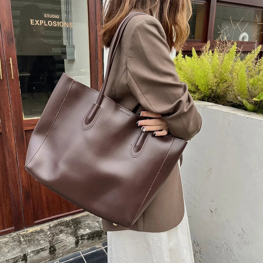 SEAME - Camille Leather Tote Bag - High - Capacity Fashion Handbag for Women Black