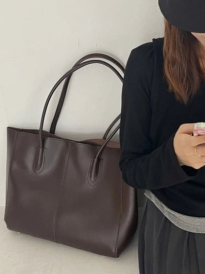 SEAME - Camille Leather Tote Bag - High - Capacity Fashion Handbag for Women Black