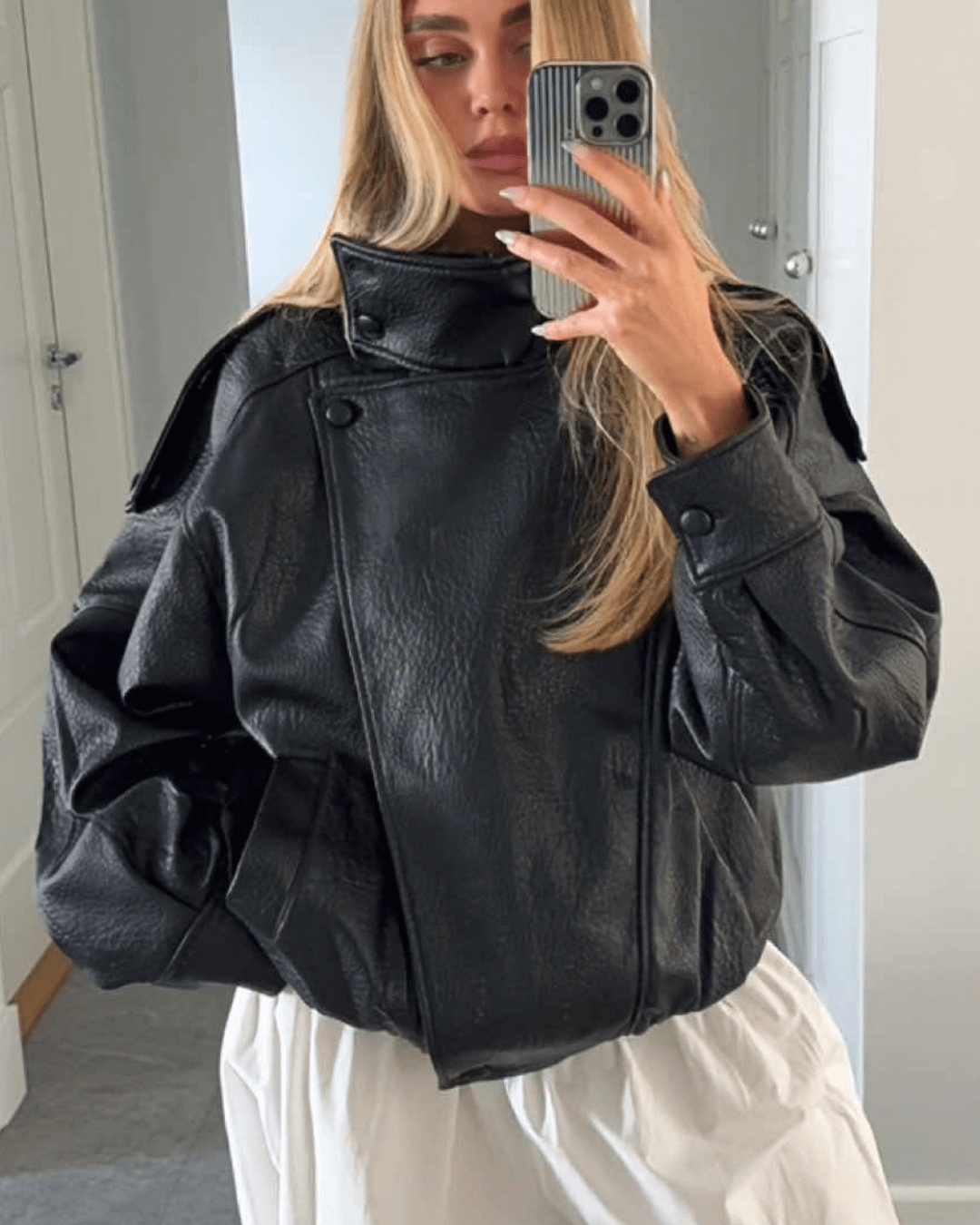 SEAME - Cecil Asymmetrical Leather Jacket Black M
