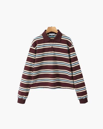 SEAME - Chelsea Women's Polo Shirt - Striped Casual Top with Button Detail Burgundy Stripe Long Sleeve S