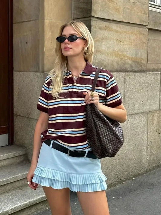 SEAME - Chelsea Women's Polo Shirt - Striped Casual Top with Button Detail Burgundy Stripe Short Sleeve S