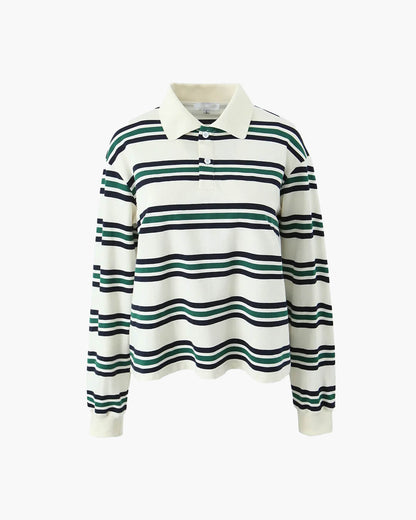 SEAME - Chelsea Women's Polo Shirt - Striped Casual Top with Button Detail Green Stripe Long Sleeve S