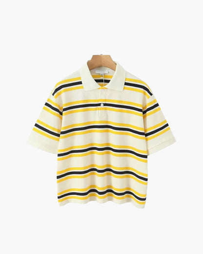 SEAME - Chelsea Women's Polo Shirt - Striped Casual Top with Button Detail Yellow Stripe Short Sleeve S