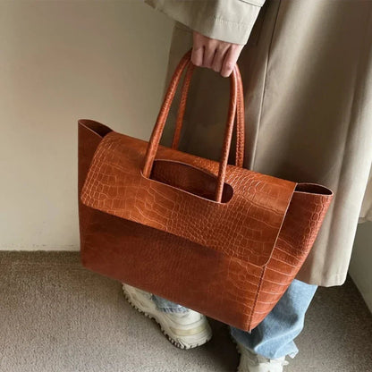 SEAME - Claudia Handbag - Stylish Crocodile Pattern Large Capacity Tote for Women Dark Brown