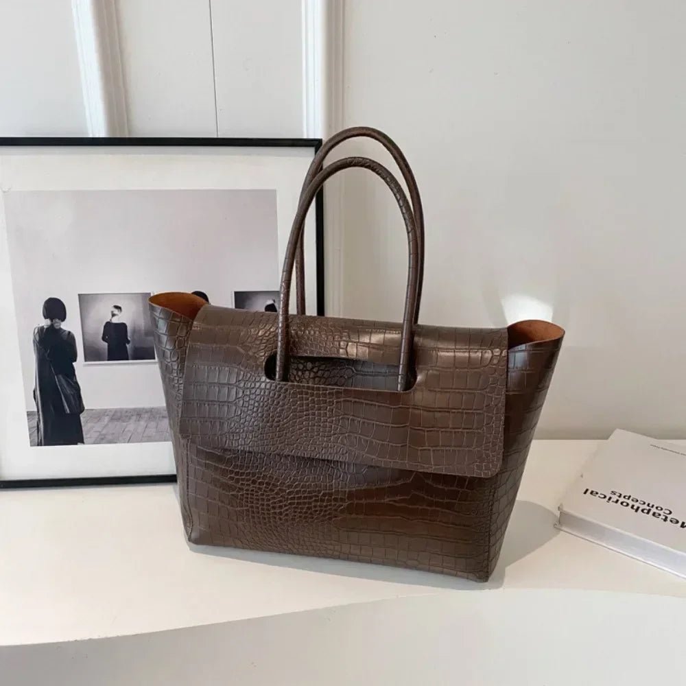 SEAME - Claudia Handbag - Stylish Crocodile Pattern Large Capacity Tote for Women Dark Brown