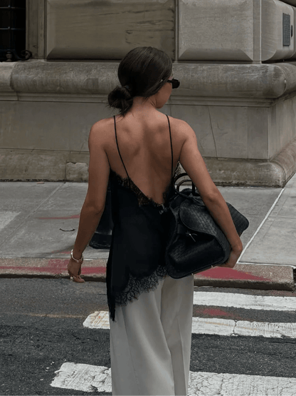 SEAME - Josephine Elegant Lace Top for Women - Strappy Backless Summer Camisole Blue XS
