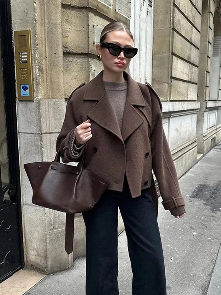 SEAME - Katrina Women's Vintage Double Breasted Short Trench Coat with Lace - Up Design Dark Brown L