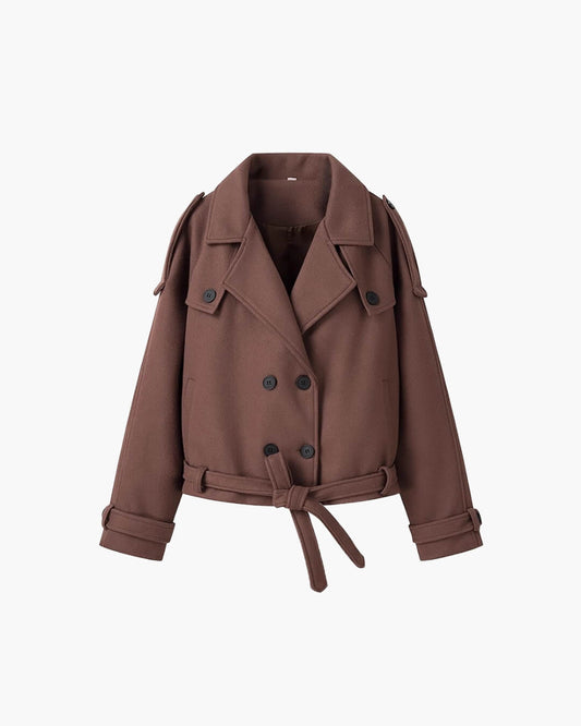 SEAME - Katrina Women's Vintage Double Breasted Short Trench Coat with Lace - Up Design Dark Brown S