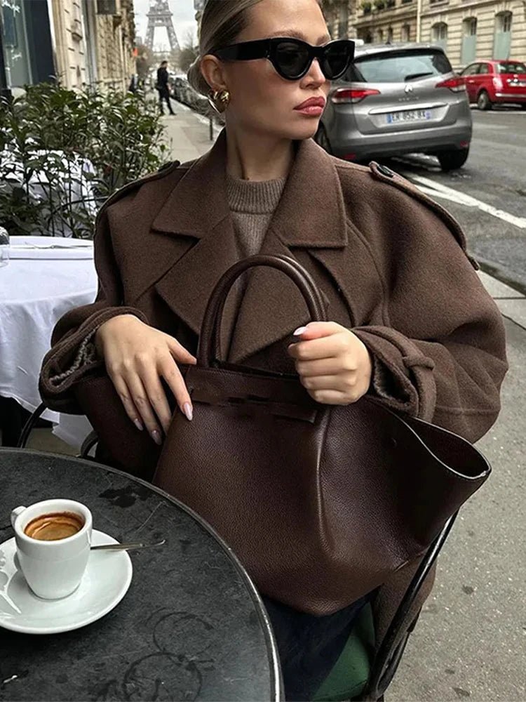SEAME - Katrina Women's Vintage Double Breasted Short Trench Coat with Lace - Up Design Dark Brown M