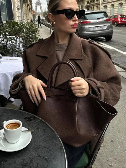 SEAME - Katrina Women's Vintage Double Breasted Short Trench Coat with Lace - Up Design Dark Brown M