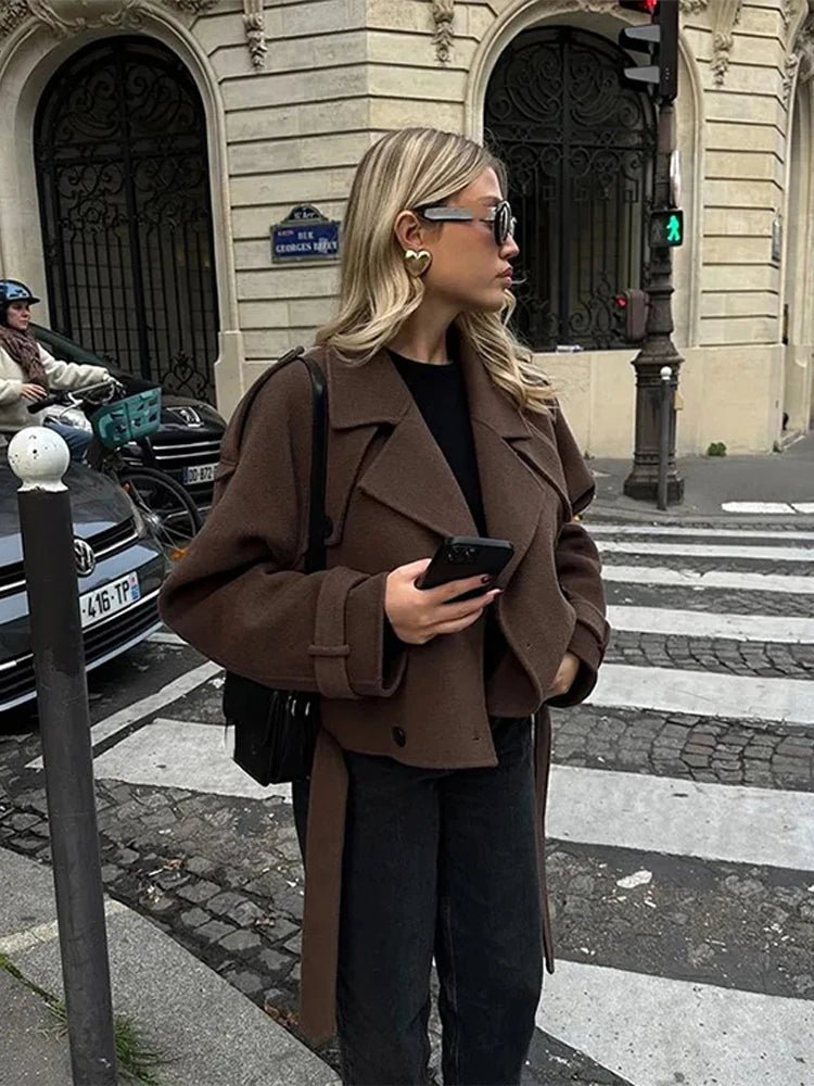 SEAME - Katrina Women's Vintage Double Breasted Short Trench Coat with Lace - Up Design Dark Brown S