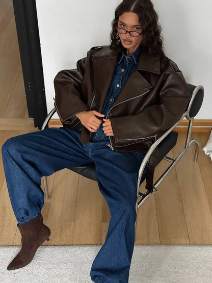 SEAME - Kyla Vegan Leather Jacket Dark Brown M