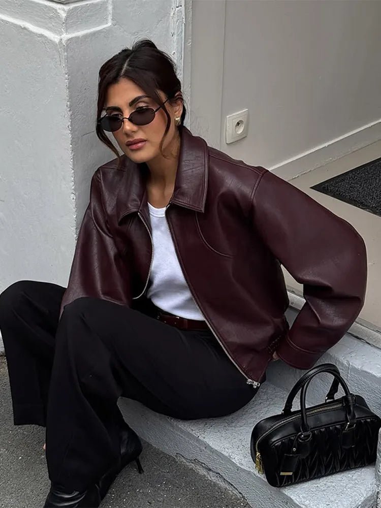 SEAME - Luna Stylish Women’s Vintage Wine Red Leather Jacket - Cropped Zipper Coat Burgundy S