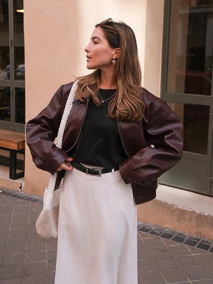 SEAME - Luna Stylish Women’s Vintage Wine Red Leather Jacket - Cropped Zipper Coat Burgundy S