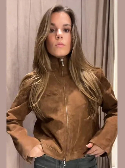 SEAME - Lyn - Women's Vintage Suede cropped Autumn Jacket with Stand Collar Brown L