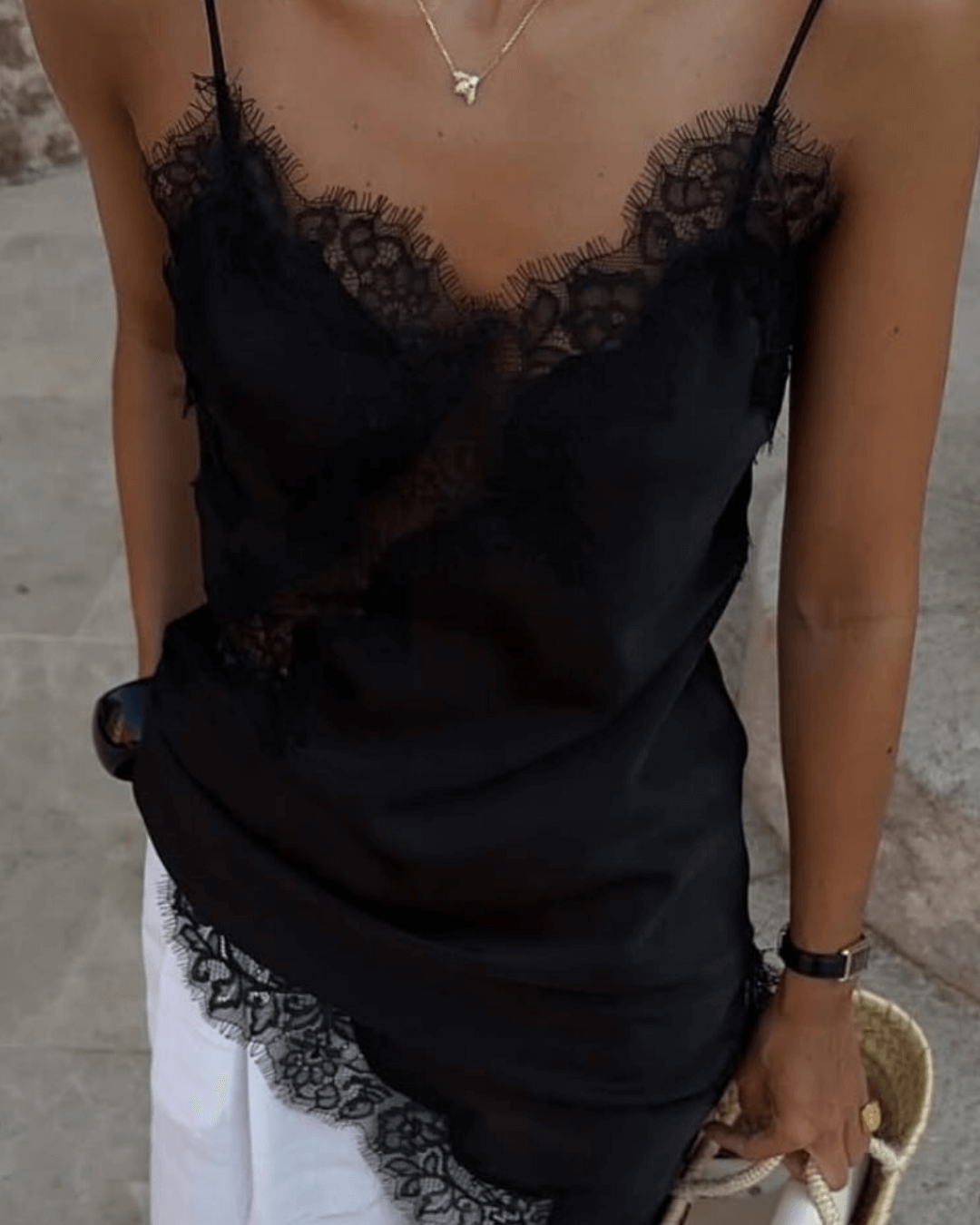 SEAME - Pia Asymmetric Satin Lace Cocktail Dress Black XS