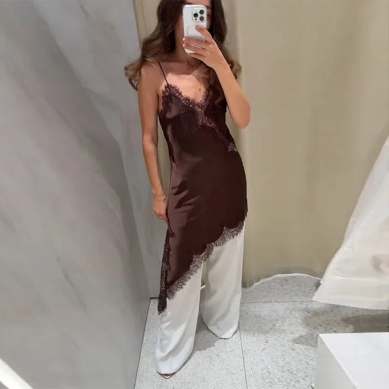SEAME - Pia Women's Summer Asymmetric Satin Lace Cocktail Dress Brown Dress XS