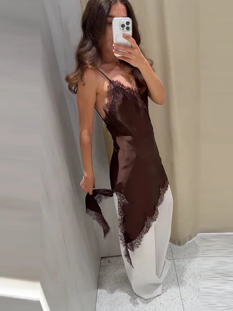 SEAME - Pia Women's Summer Asymmetric Satin Lace Cocktail Dress Brown Dress XS