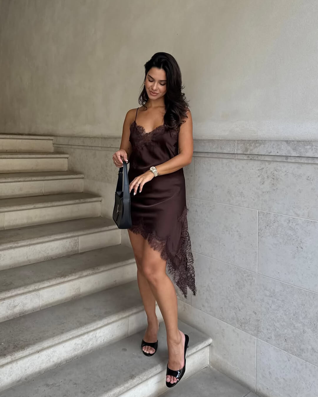 SEAME - Pia Women's Summer Asymmetric Satin Lace Cocktail Dress Brown Dress XS