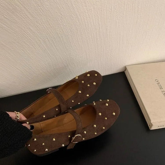 SEAME - Rowena - Suede Flats for Women with Square Toe Design, Comfortable & Stylish Brown 35