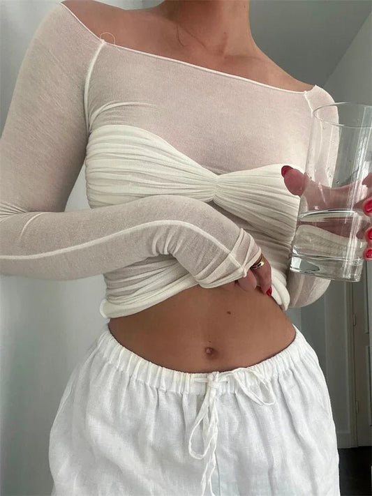 Seame - Sara Mesh Sheer Off - Shoulder Top white S