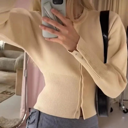 SEAME - SEAME Women's Cardigan Sweater - Casual Solid Knit with Round Neck Beige S